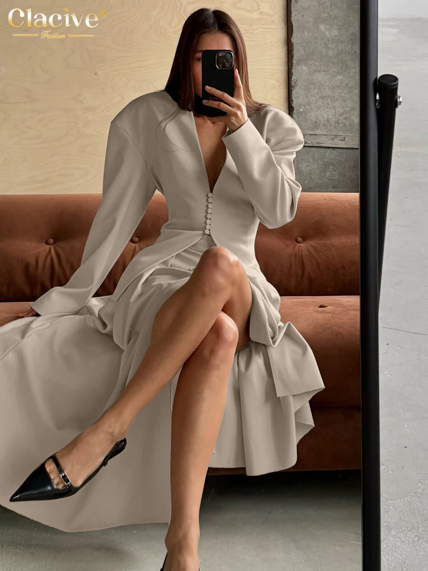 Elegant Women's Two-Piece Khaki Office Set with Long Sleeve Shirt and High Waist Skirt