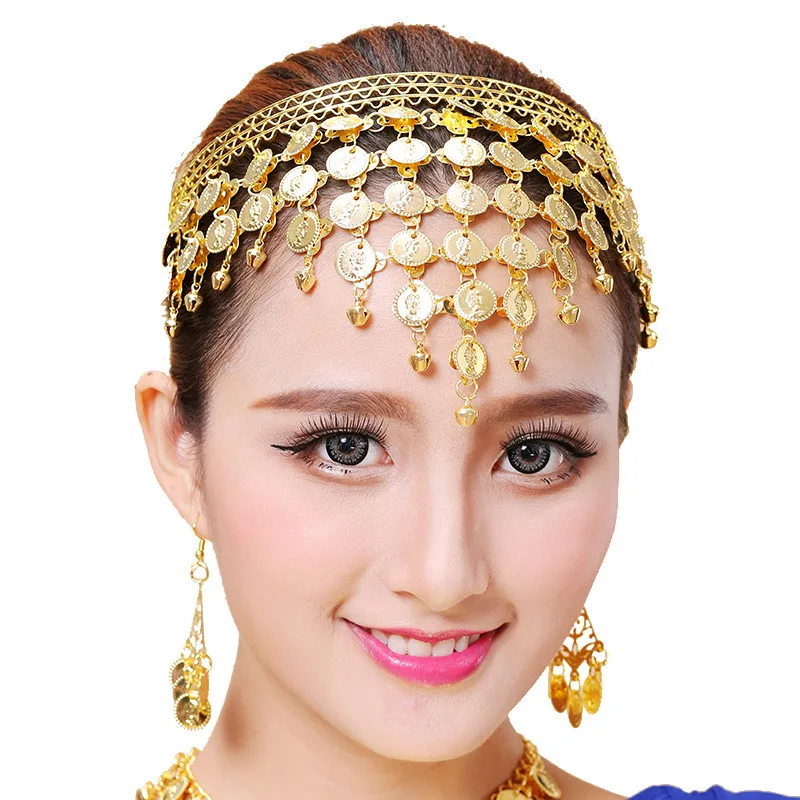 

Women Belly Dance Hairpin Coins Tassels Gypsy Headband Indian Dance Performance Clothing Accessories Head Hoop Chain