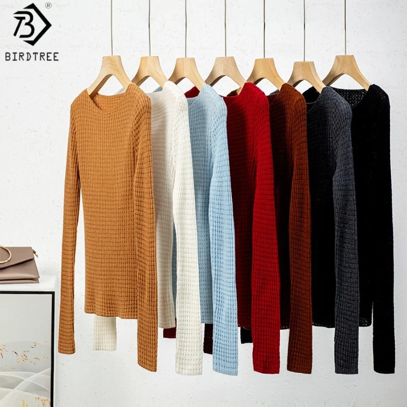 

Birdtree, трикотажная однотонная майка из 100% овечьей шерсти, женская рубашка с длинными рукавами и вырезом лодочкой, осенний пуловер 2025 T59818JF
