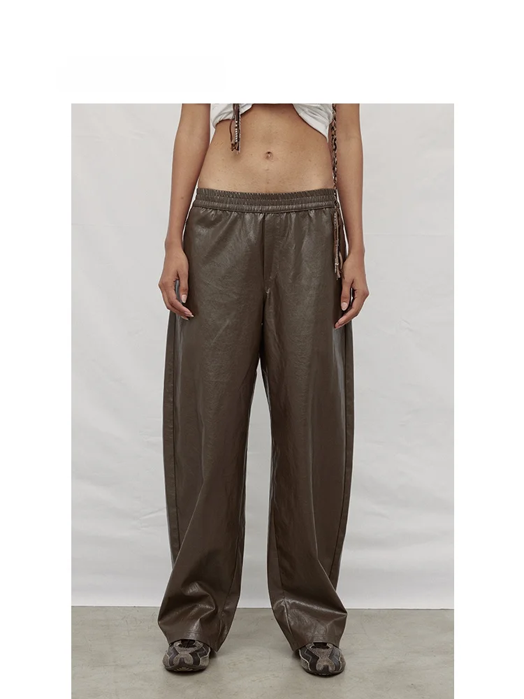 

Faionable Straight Leg Elastic Waist PU Casual Pants Women's Sle Autumn Winter New Arrival Comfortable Stretchy Trousers
