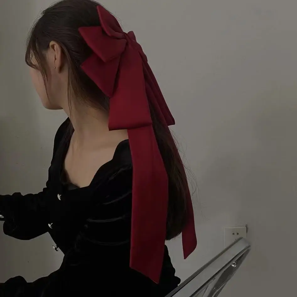 

‌ Красная заколка для волос с очень большим бантом для женщин — элегантный аксессуар для волос со скользящей лентой, свадебная заколка на затылке