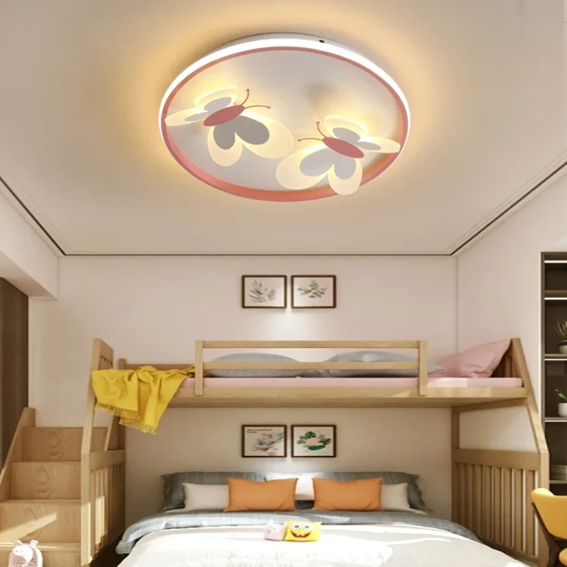 Butterfly Led Ceiling Mounted Light for Children Kids Girls Round Circle Remote Control Dimmable Pink Bedroom Lamp Decoration