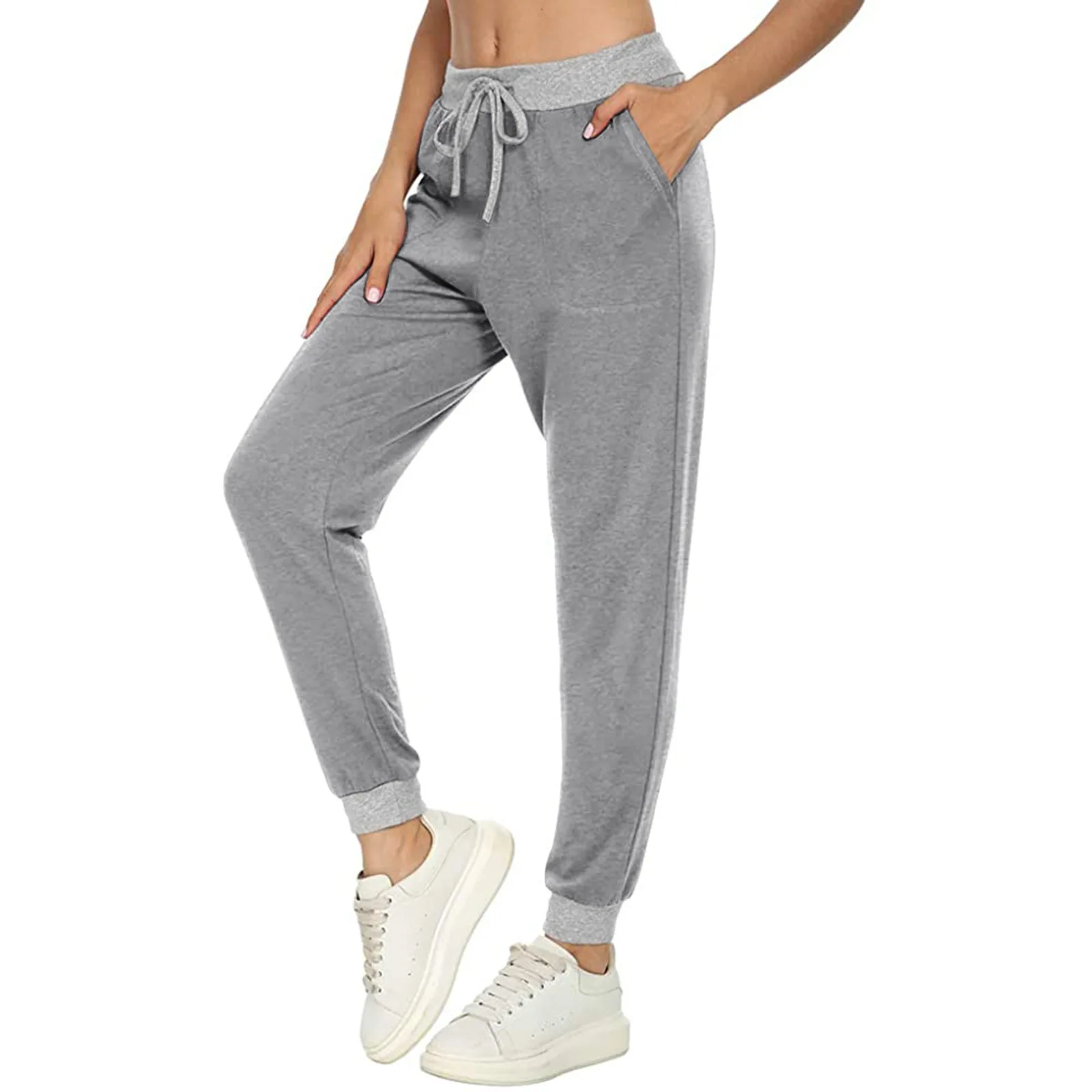 

Women Casual Sports Pants All-match Solid Color Pocket Stitching Drawstring Trousers Lace Up Straight Fashion Pants Harajuku