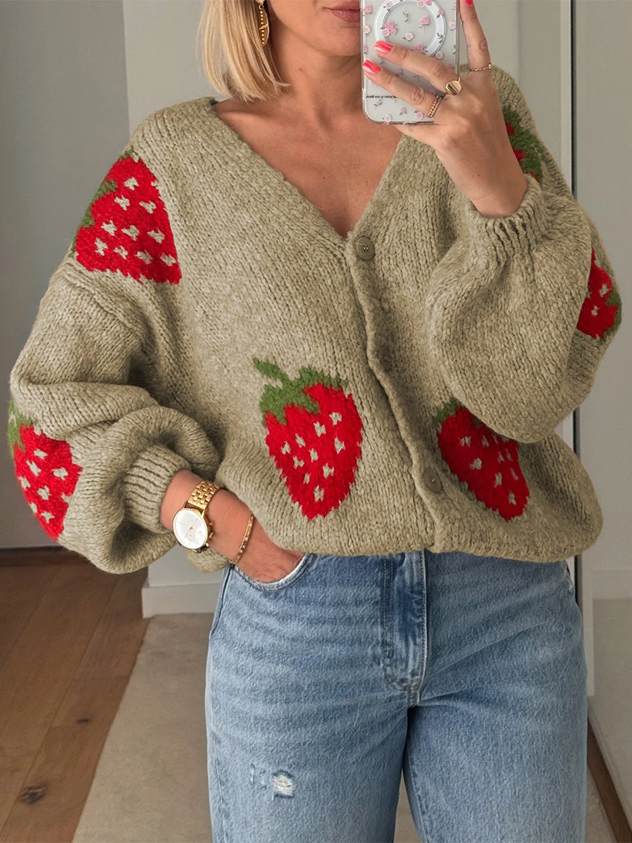 Women Knit Cardigan Long Sleeve Strawberry Button Closure Fall Casual Jacket Sweater