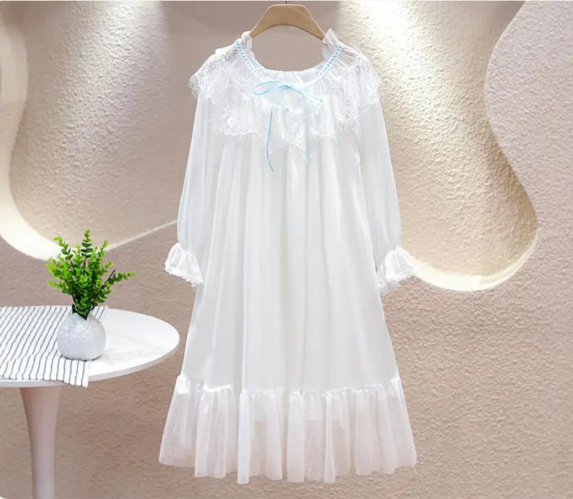 Girl Long Sleeve Sleep Dress Baby Princess Comfortable Thin Pajamas Children Mesh Lace Home Clothes Kids Nightgown 6-16Y Wz1149