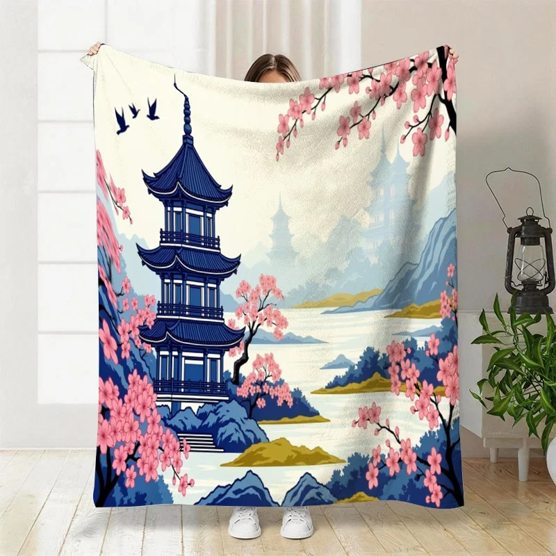Luxury Cherry Blossom Sakura Throw Blanket Japanese Pagoda Spring Decor Cozy Fleece Plush Anime Style Couch Throw Gift for Home