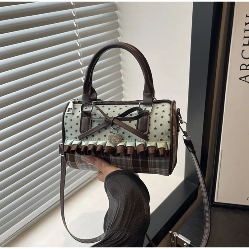 Koreanische Bogen Polka Dot Tasche Mode Bowler Tasche Farbe-blockiert Spitze Y2k Stil Handtasche Retro Süße Plaid Crossbody Zipper schulter Tasche – Detail 9