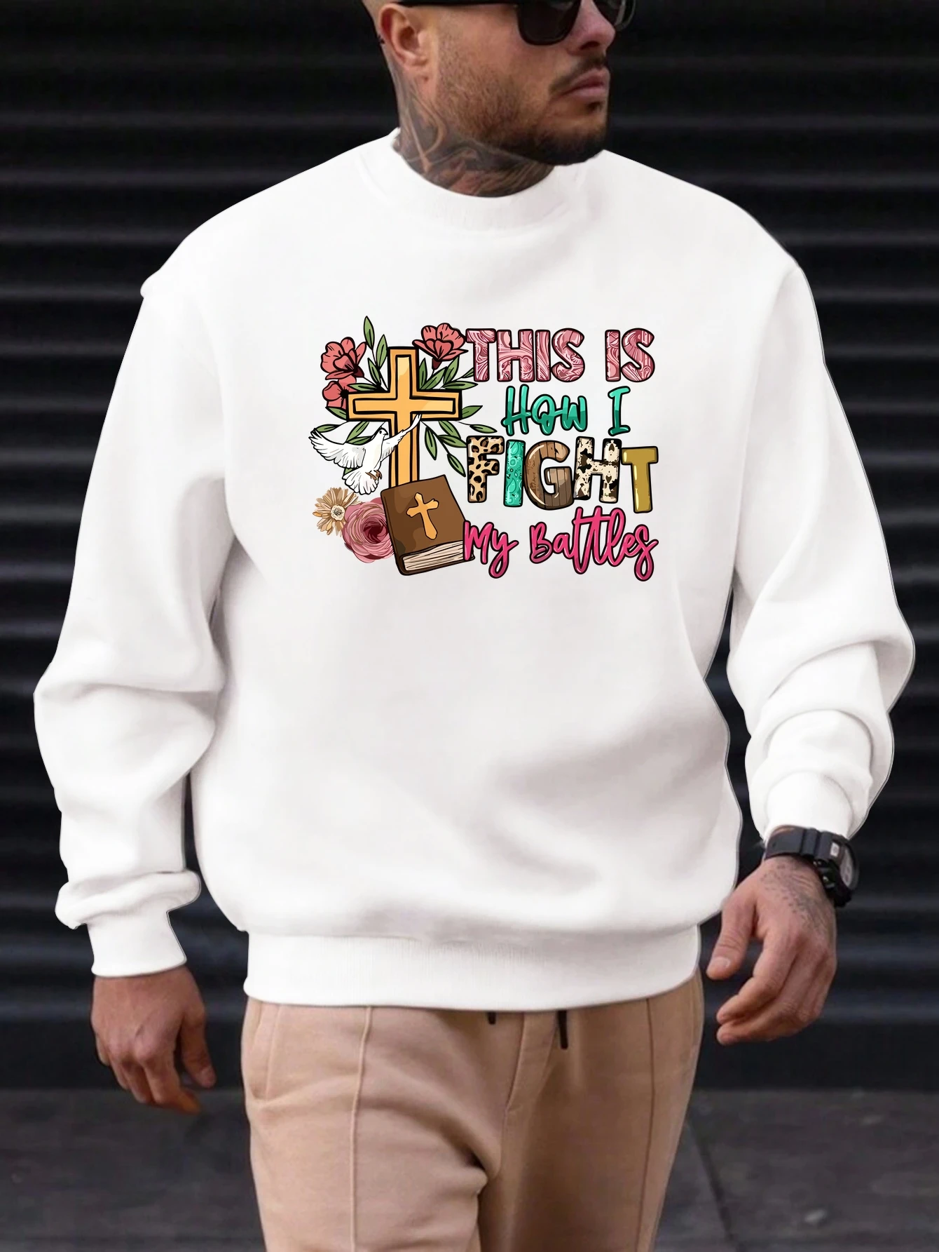 

2025 New Men's Crew Neck Sweatshirt Cross Bible Floral This Is How I Fight Battles Inspirational Trendy Cotton Pullover