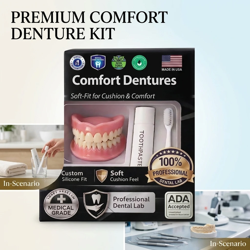 Natural Ivory Moldable Silicone Denture Set Upper & Lower False Teeth Kit with Instant Smile Tools Toothbrush & Toothpaste Inclu