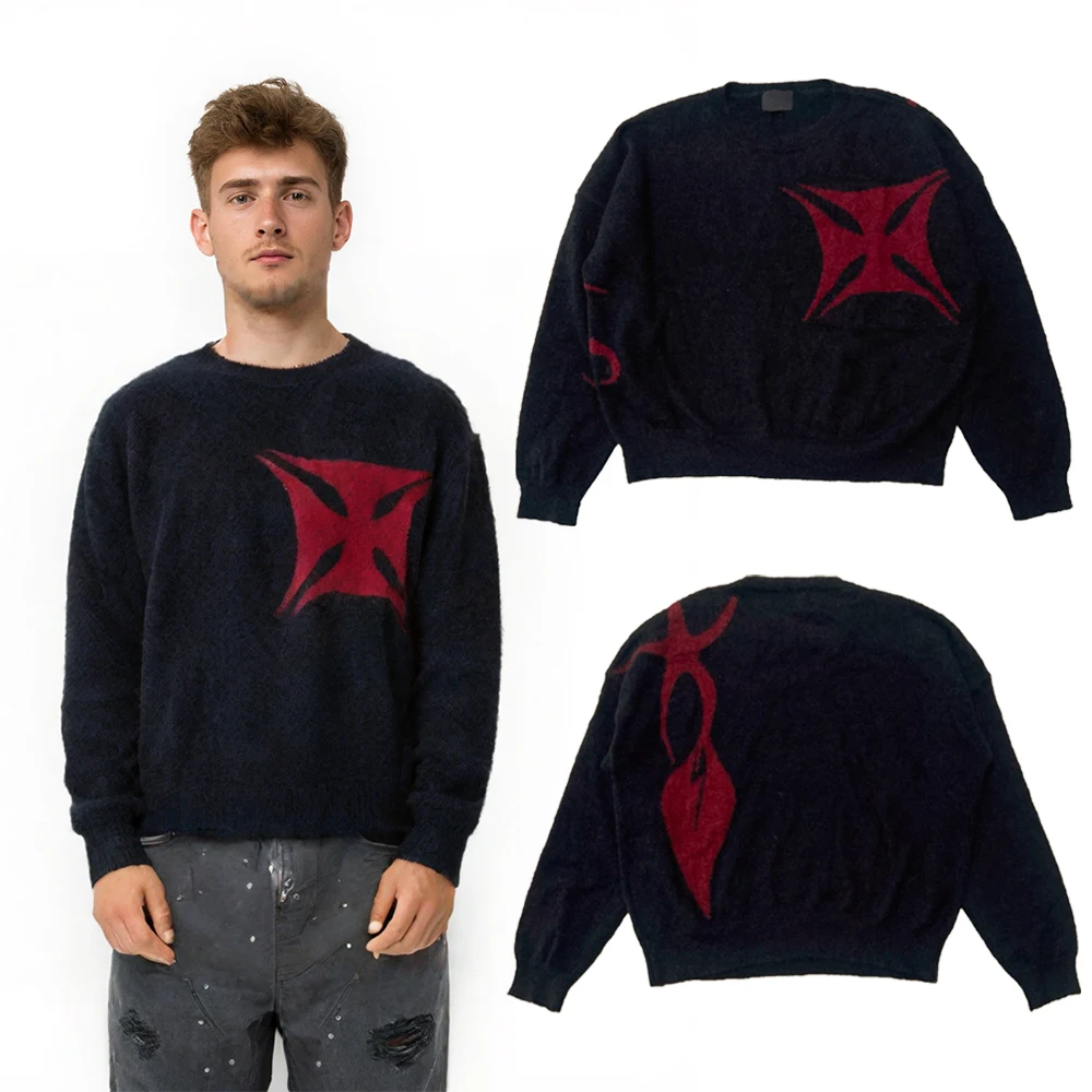 

Autumn Clothing Men Vintage Round Neck Knit Sweater Streetwear Hip Hop High Street Style Cotton Casual Daily Long Sleeve Sweater