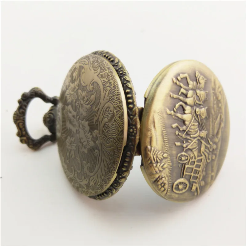 Ancient Carriage Pocket Watch Fob Chain Necklace Watch Train Horse Engrave Flip Bronze Locket Watch Hour Time Clock