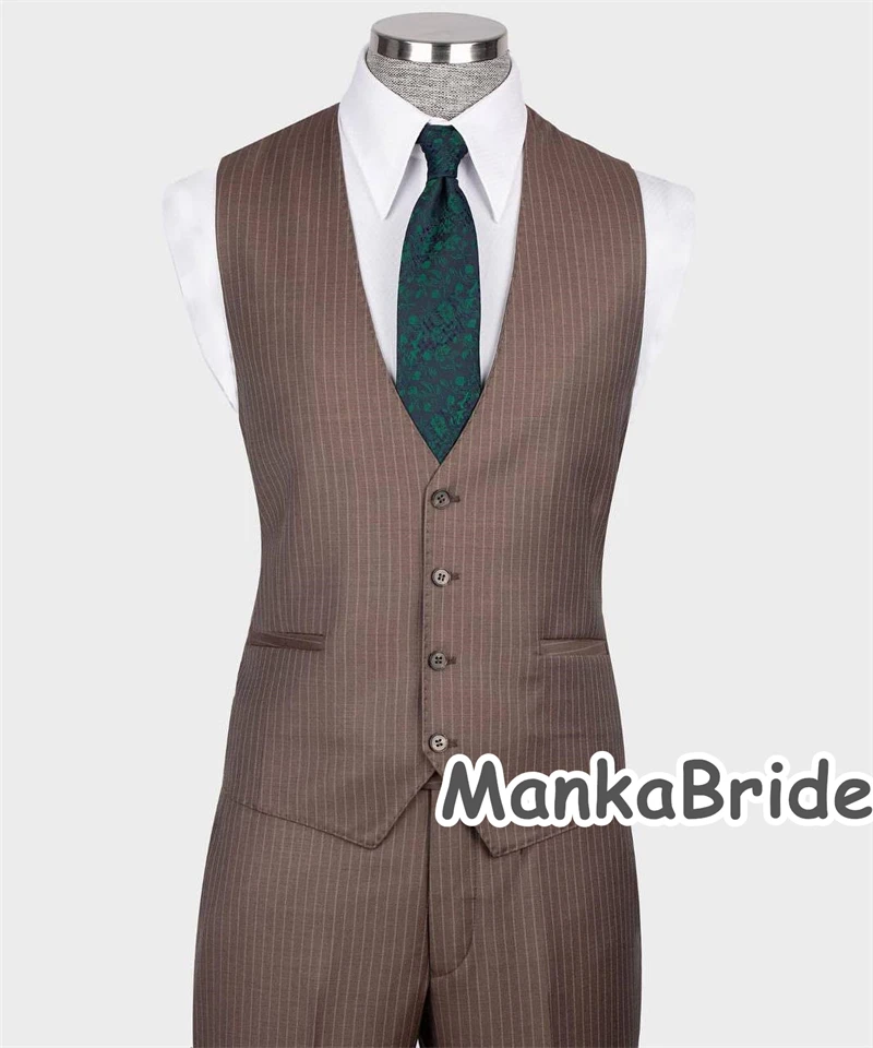 Trajes elegante Para Hombres Brown Striped Men's Suit for Wedding Groom Tuxedo 2 Vents Blazer Vest Pants Men Costume