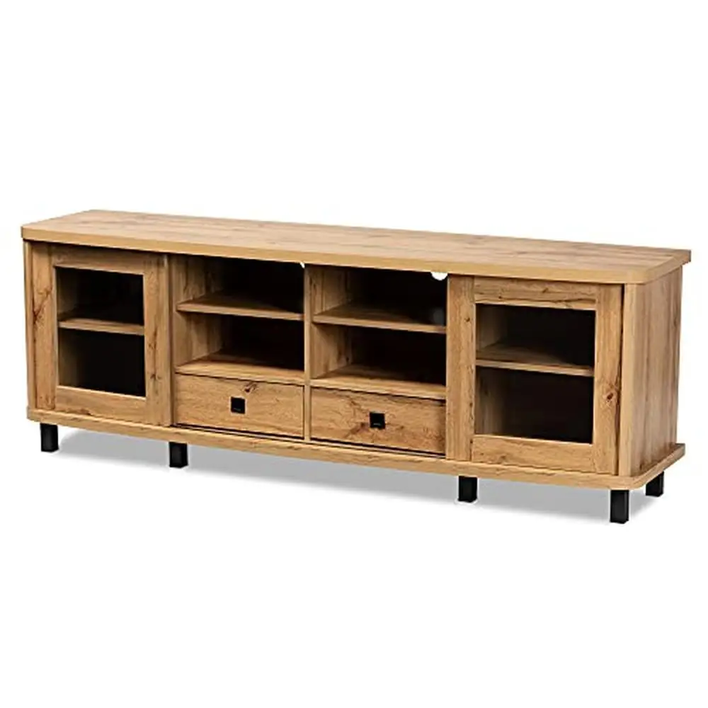 

Modern Oak Brown/Black TV Stand with Glass Doors & Metal Handles 4 Shelves & 2 Drawers Durable Engineered Wood Construction