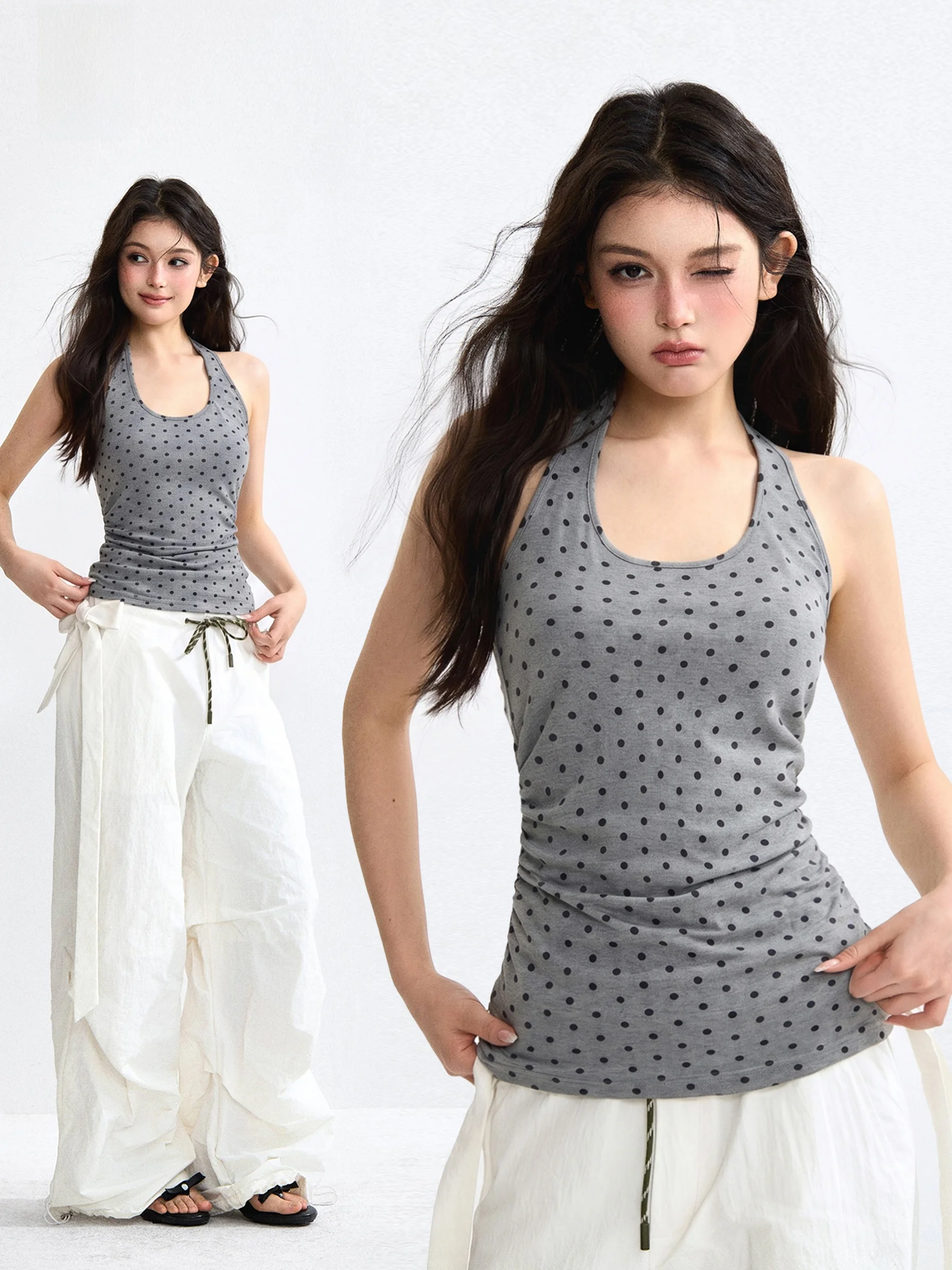 

Summer American Style Spicy Girl Sleeveless Neck Hanging Dot Pattern Women's Top Waist Cinching Backless Base Tank Top