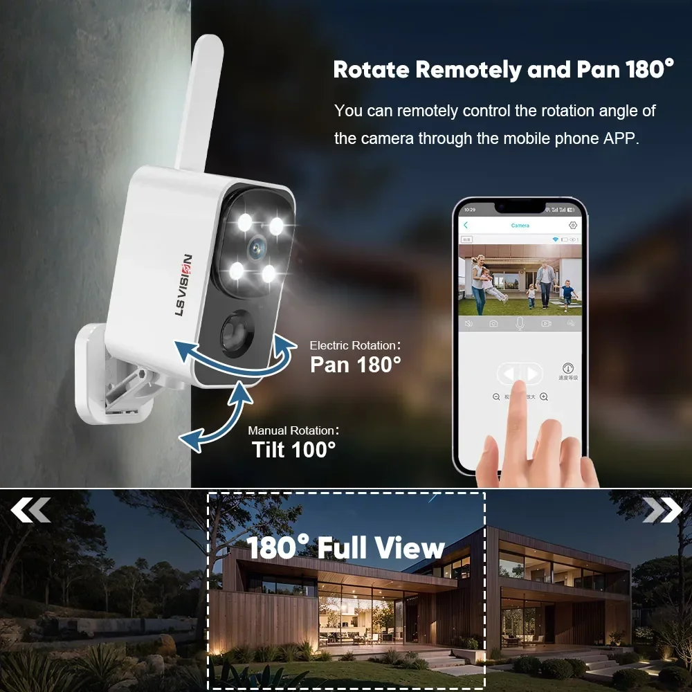 LS VISION 180°PTZ Camera Outdoor Wireless Solar IP Camera 4G/Wifi 4MP HD Built-in Battery 2k Video Surveillance Camera Ubox APP