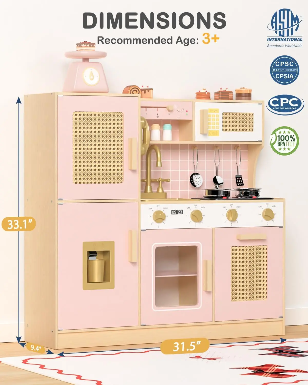 Playset de cozinha de madeira para crianças, Finja brincar cozinha com luzes e sons, Brinquedo estilo retro para crianças, rosa, 3 +, W