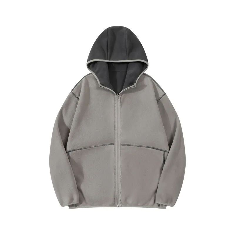 Hoodie men's outdoor fleece cardigan for warmth, winter coat with color blocking and fleece jacket, zipper hoodie