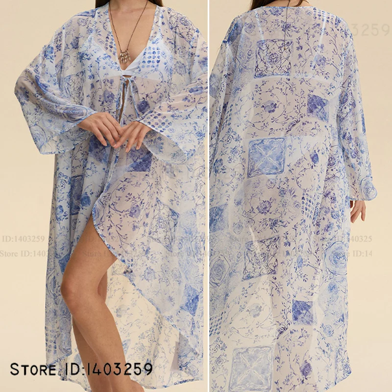 Szlafrok kimono z kwiatowym wzorem w stylu boho, szyfonowa koszula nocna, szlafrok kąpielowy, kardigan chroniący przed słońcem, seksowny szlafrok plażowy, narzutka na bikini.