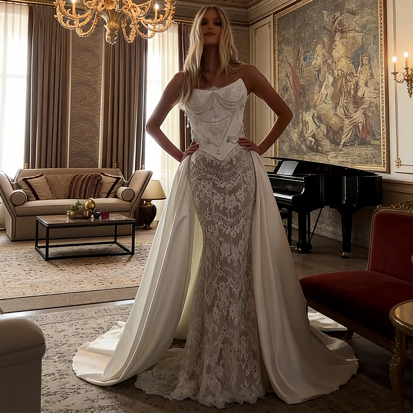 

Sharon Said Luxury Lace Mermaid Wedding Dress 2026 Strapless Bridal Gowns Overskirt Vestidos de Novia SW218 Customized