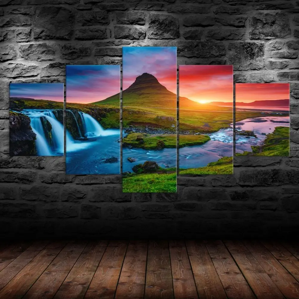 مجموعة فنية جدارية من القماش مكونة من 5 قطع، مشهد غروب الشمس المهيب، طراز آرت ديكو الكلاسيكي، ملصق رسم بالحبر بدون إطار، داخلي/خارجي #4