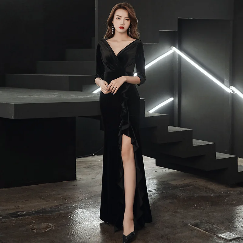 

French Wine Red Evening Dress Dress2024New Banquet Annual Meeting TemperamentVFishtail Gold Velvet Dress