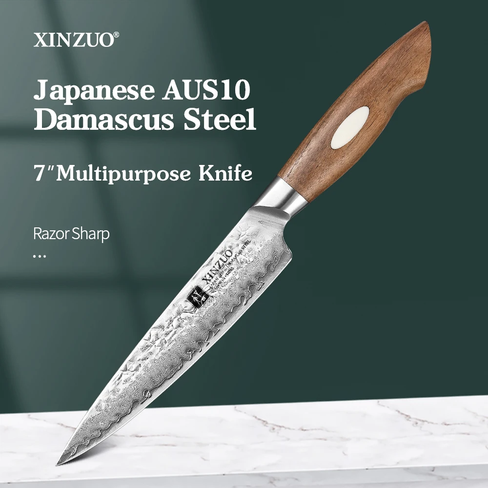 XINZUO 7'' Multipurpose Knife Kitchen Knife Damascus Patterned Blade 60±2HRC Core Hardness Fruit Knife Slicing Knife Gift Box