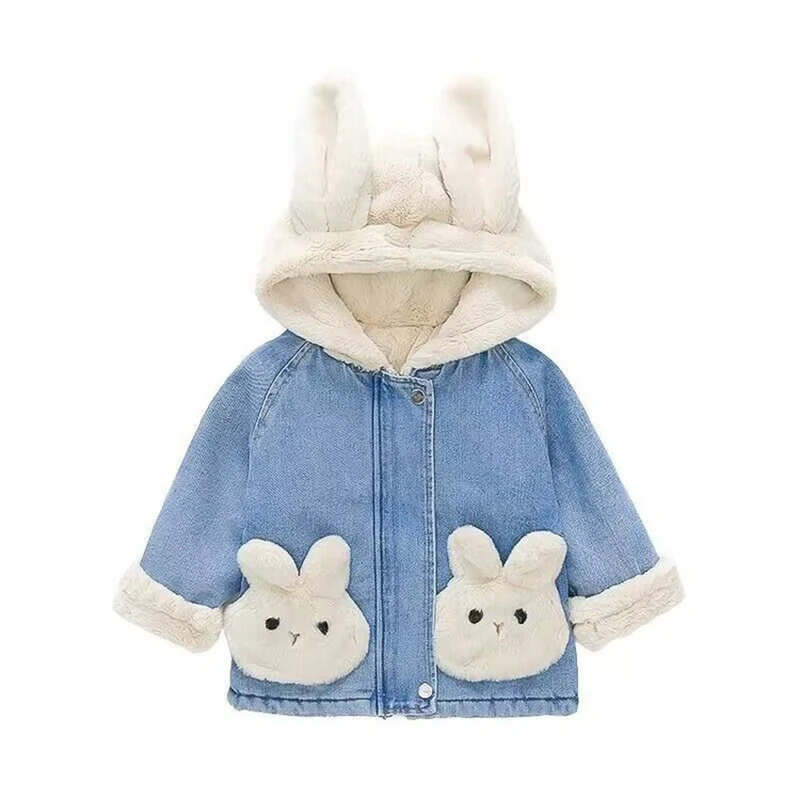 Autumn Winter Thicken Warm Baby Girls Denim Jacket Cute Plush Rabbit Ears Hooded Coats For Girl Children Outerwear Clothing 2-8Y