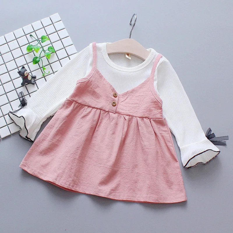 Korean Style Trend Bow Solid Color Long Sleeved Spliced Baby Girl Dress Autumn Sweet Casual Simple Toddler Dress ﻿