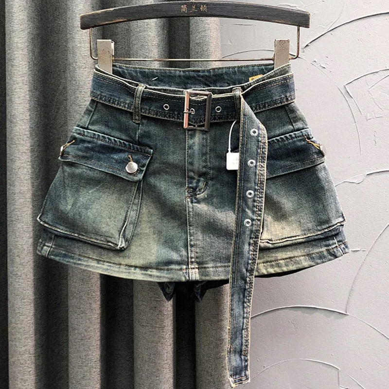 2024 summer new retro American style large pocket belt, skirt, pants skirt, three part denim shorts trend  black shorts