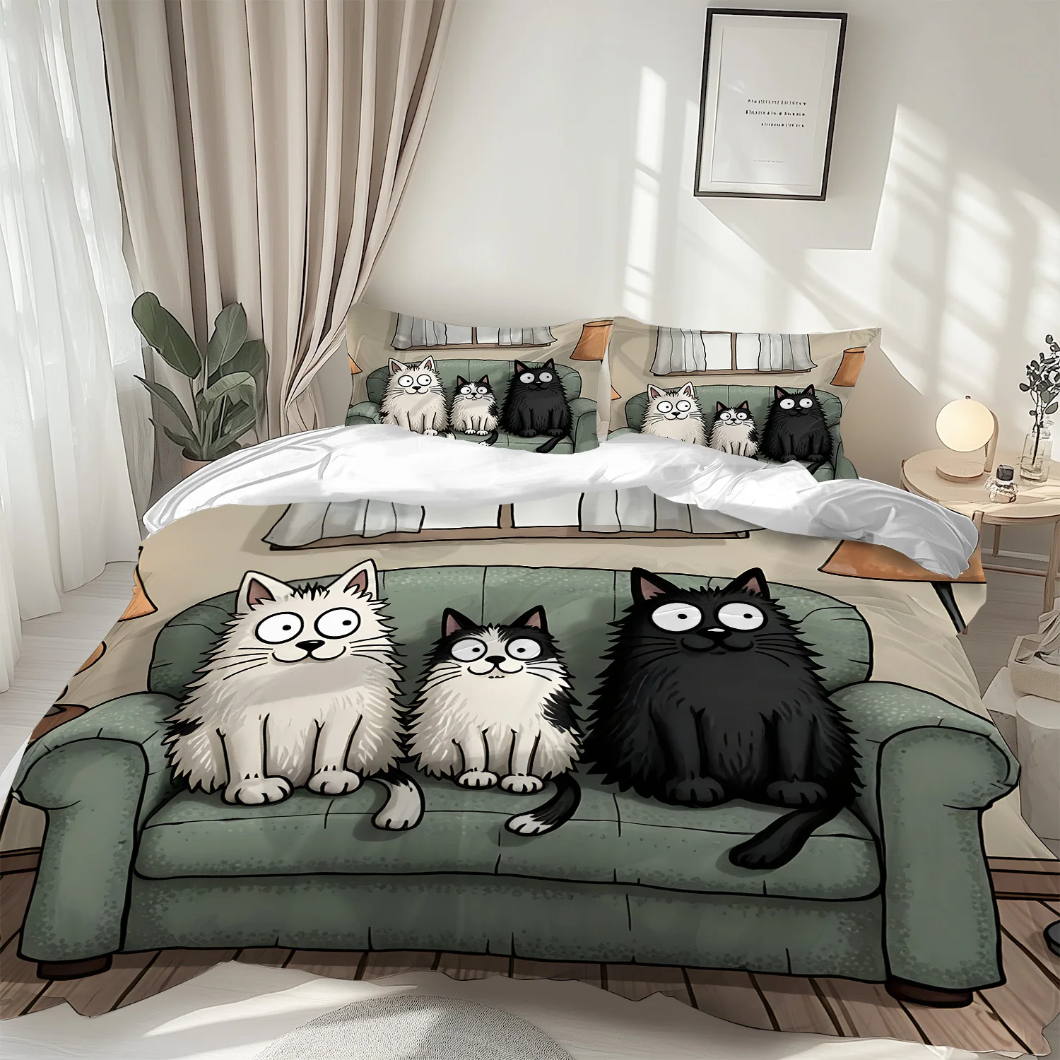 

Cartoon Cats Green Couch Duvet Cover Set - 1 Quilt Cover + 2 Pillowcases All Season Comforter Bedding Set for Kids And Adults