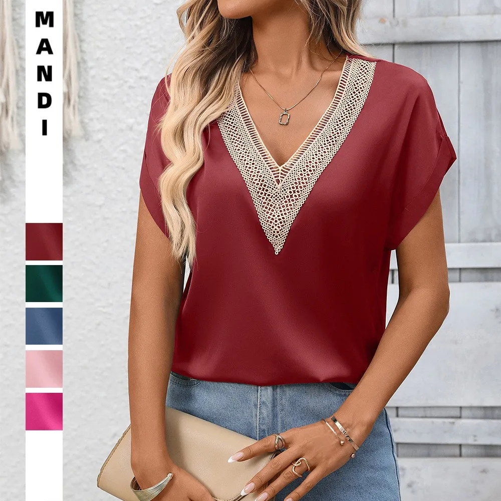

Summer Women Blouse Satin V Neck Lace Trim Blouses Loose Fit Burgundy Navy Blue Top Cap Sleeve Cropped Emerald Green Shirt