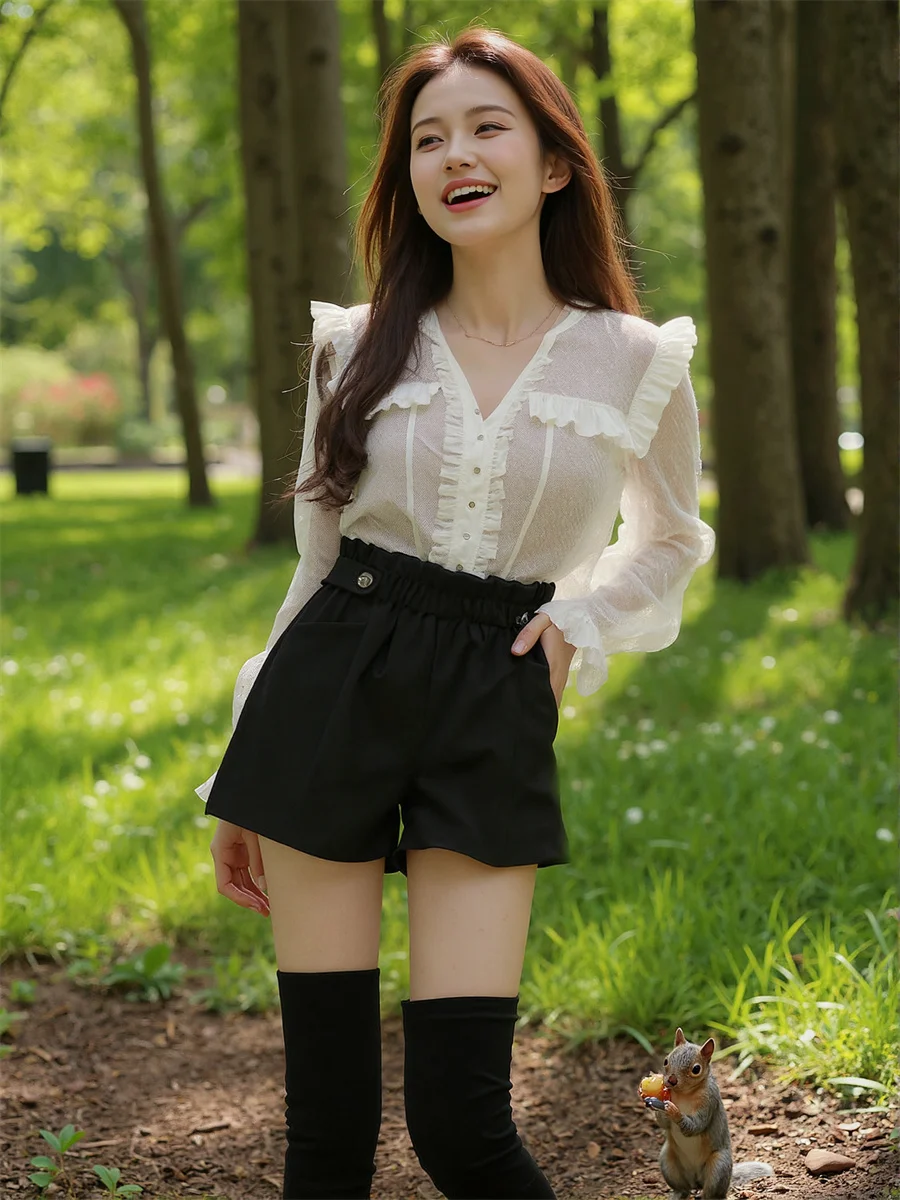 Pantaloncini a gamba larga in lana nera Abbigliamento sportivo coreano da donna Casual Baggy Oversize Palestra Corsa Sportiva per ragazze Elastico in vita Blu Moda