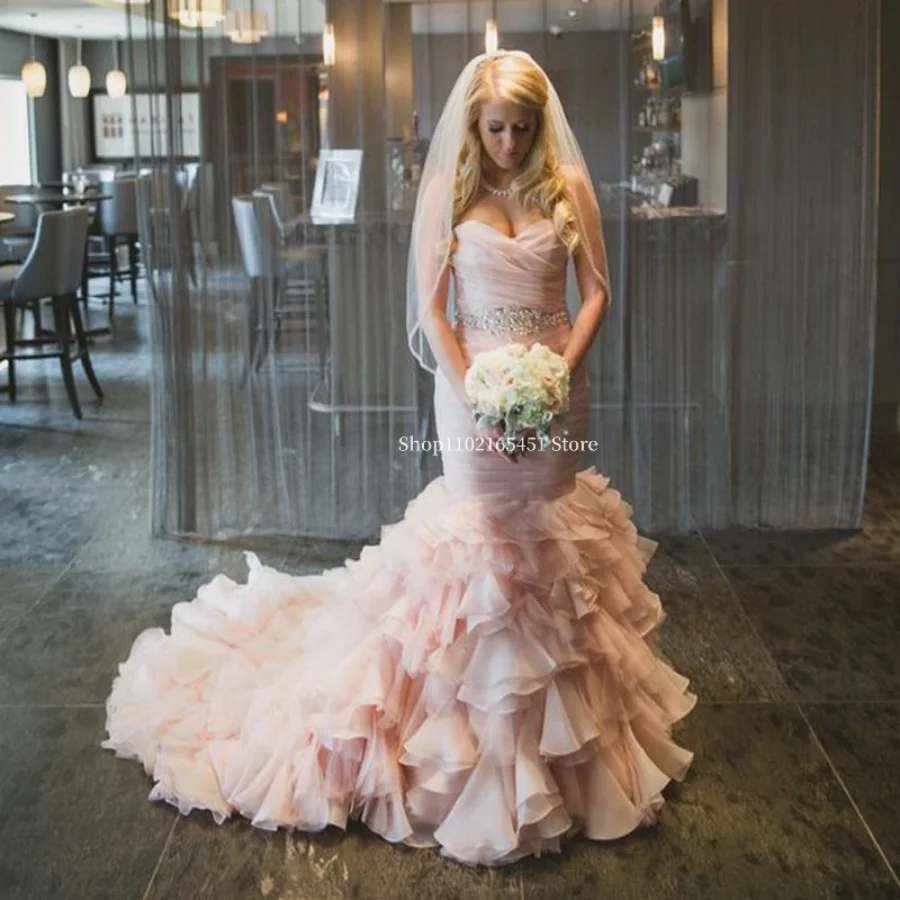 Vestidos De Novia De sirena rosa, cuello De corazón, falda escalonada, volantes, Princesa, cristal, talla grande