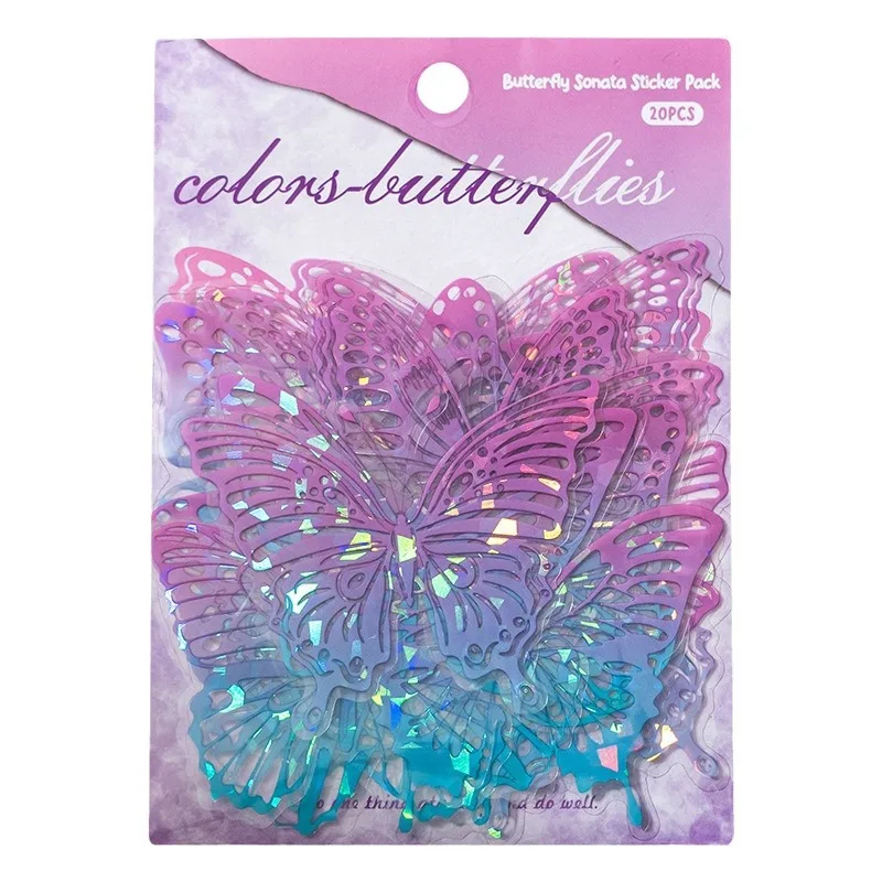 20Pcs/bag Laser Psychedelic Butterfly PET Sticker Scrapbook Journal DIY Transparent Cut Film Decal Beautiful Laptop Mirror Deco