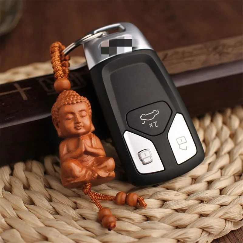 Cute Mahogany Wooden Keychain 3D Engraving Lifelike Buddha Pendant Key Ring Person Shape Key Holder Jewelry Making Accessories