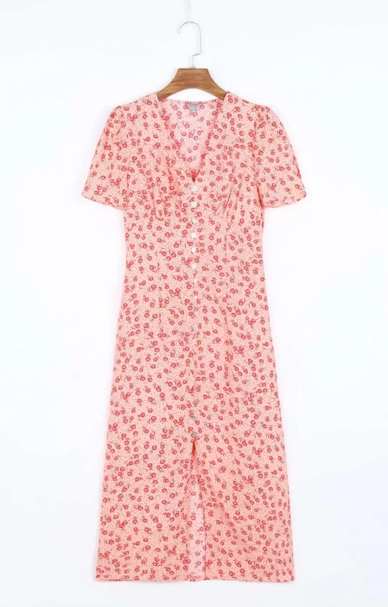 레트로 플로럴 프린트 싱글 버튼 브이넥 반소매 롱 드레스 예술적 슬림핏 A라인 스커트 스트리트 스타일 봄 컬렉션