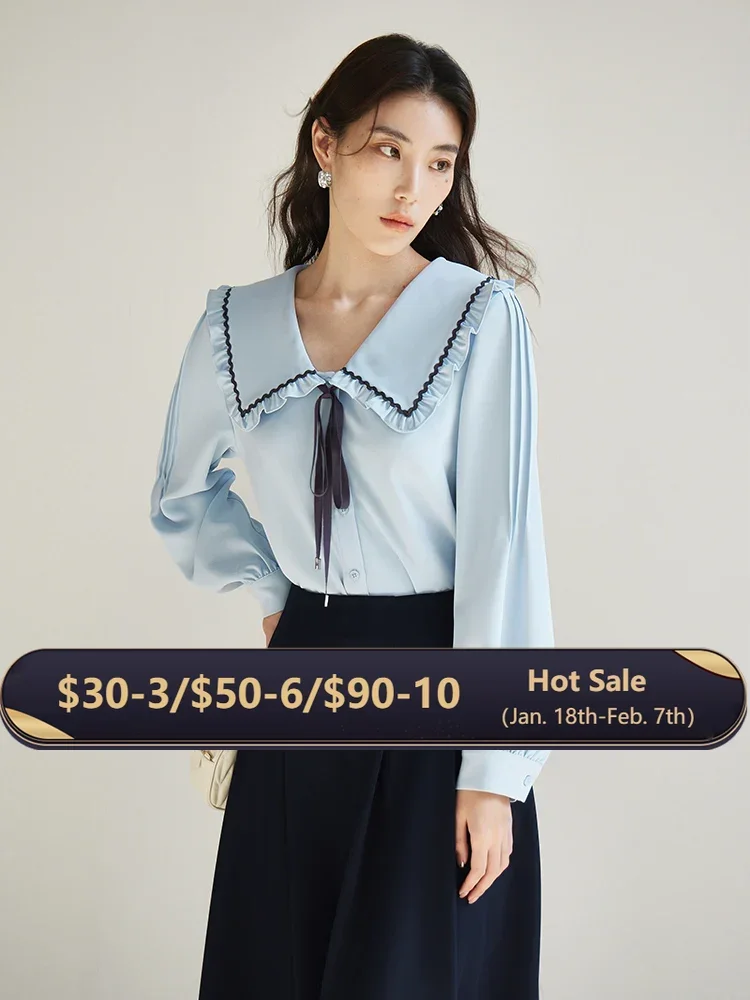 DUSHU Doll Neck Sweet Shirt Full Sleeve Shape Temperament For Women Shirt 2024 New Spring Women Blue Women Shirts Casual Loose