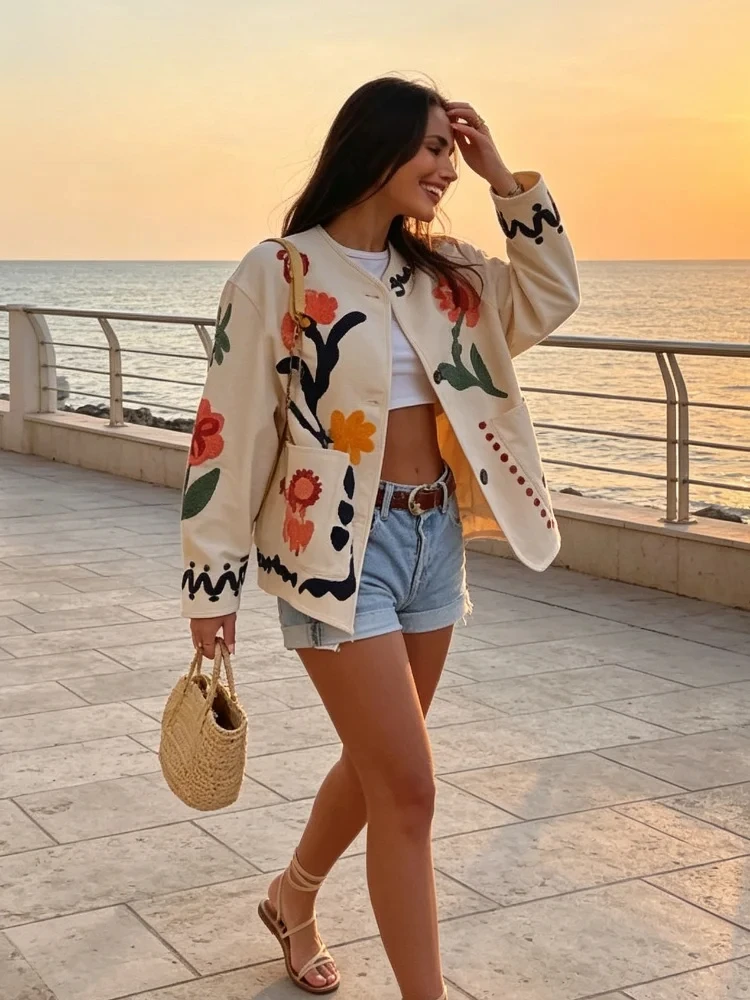 Boho Colorful Flower Print Cardigan Jacket Ladies Round Neck Long Sleeve Patch Pockets Loose Coat Women Daily Commute Outwear