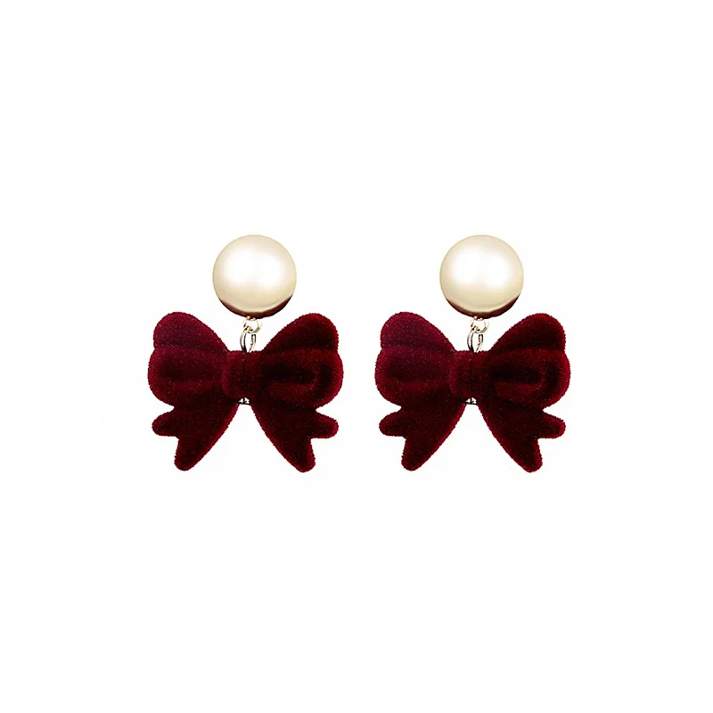 Classic Burgundy Velvet Bow Earrings for Women Jewelry Vintage Flocking Bowknot Dangle Statement Earings Party New Year Gift