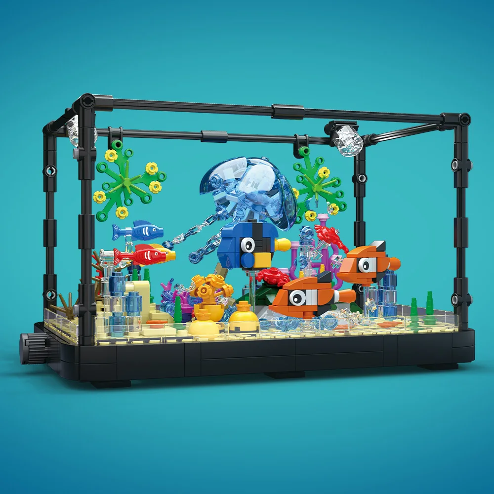 Fish Tank Block Set with Lights, Aquarium, Marine Life, Shark Eco Tank, Block Playset for Kids 6+ Years, Gift for Ocean Lovers