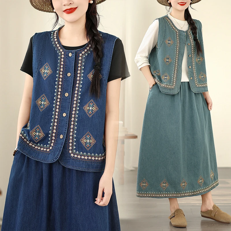 

Женский комплект из джинсовой жилетки и юбки с вышивкой Ele: свободный крой, стройнящий силуэт, повседневный стиль, весна-лето, модный комплект из двух предметов