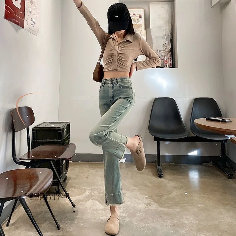 

Light Blue High Waist Straight Leg Nine-Tenths Jeans Women's Summer Loose Wide Leg Pants Casual High Elasticity Cotton Blend