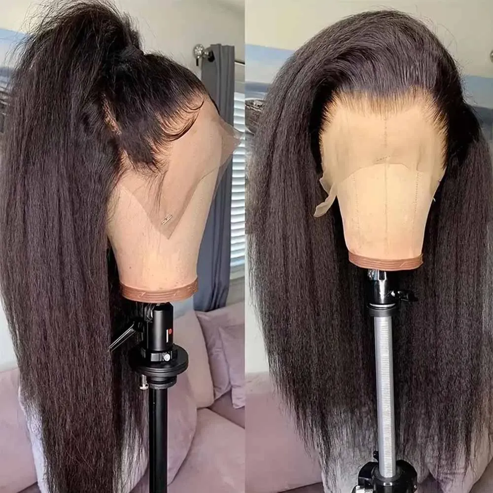 13x4 Kinky Straight Lace Front Human Hair Wig With Kinky Edges Baby Hair Glueless Yaki Straight HD Lace Frontal Wig 250% Denisty image 2