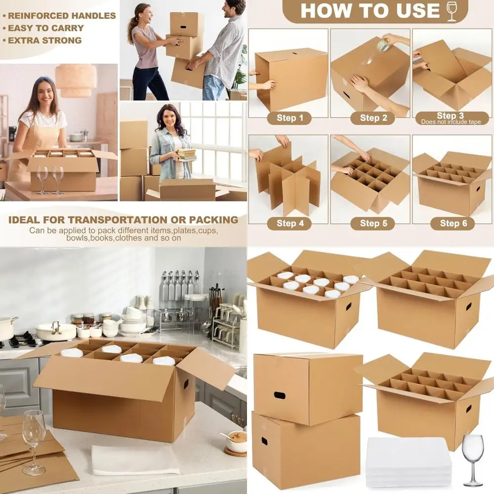 

Glass Packing Kit with Dividers and Foam Pouches for Kitchen Moving, Stemware, and Wine Glasses (20x15x12 inches)