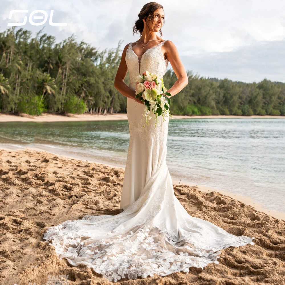 Vestido de casamento com laço em V profundo, elegante alças de espaguete, sereia de backup, vestido de noiva, lindo robe