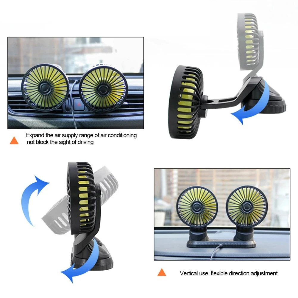 

Car Fan Summer Cooling Adjustable Double-head Fan 360 Degree Low Noise Car Cooler Air Fan Strong Wind Accessories