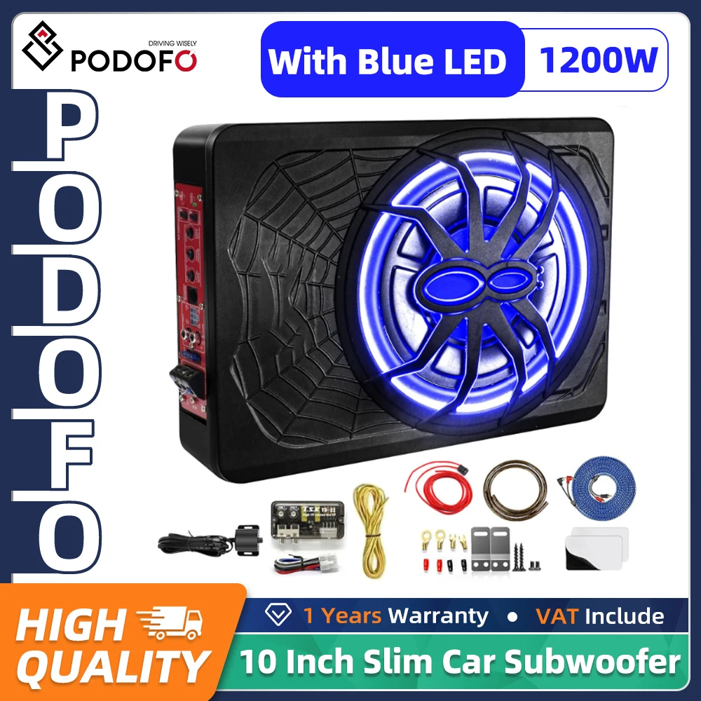Subwoofer PODOFO de 10 pulgadas y 1200W, delgado, para debajo del asiento, con luz ambiental LED de colores, subwoofer delgado para debajo del asiento.