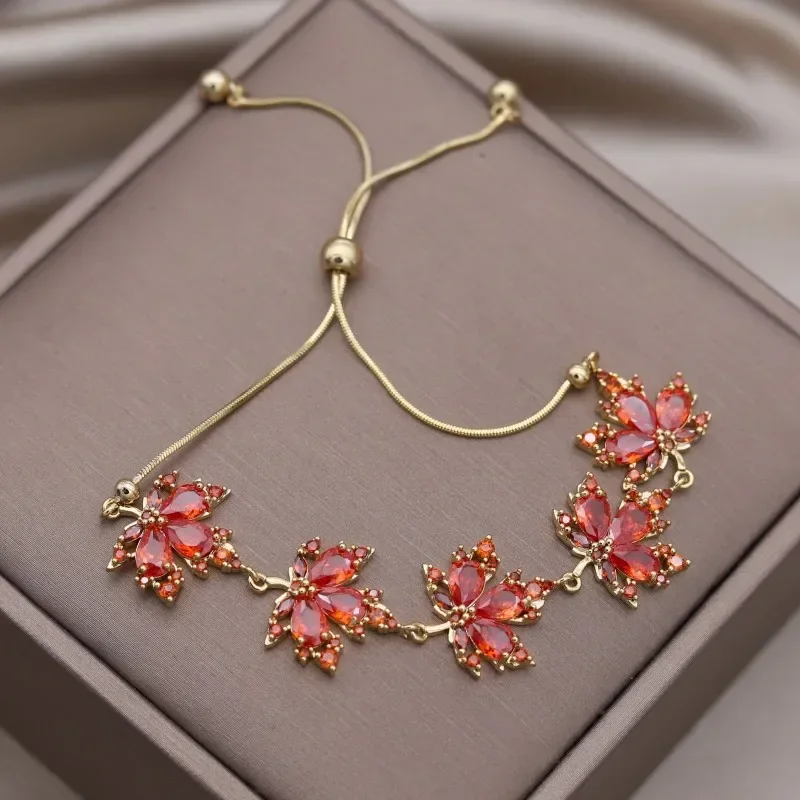 South Korea New Design Fashion Jewelry Luxury Orange Maple Leaf Stretch Adjustable Bracelet Elegant Women's Party Accessories
