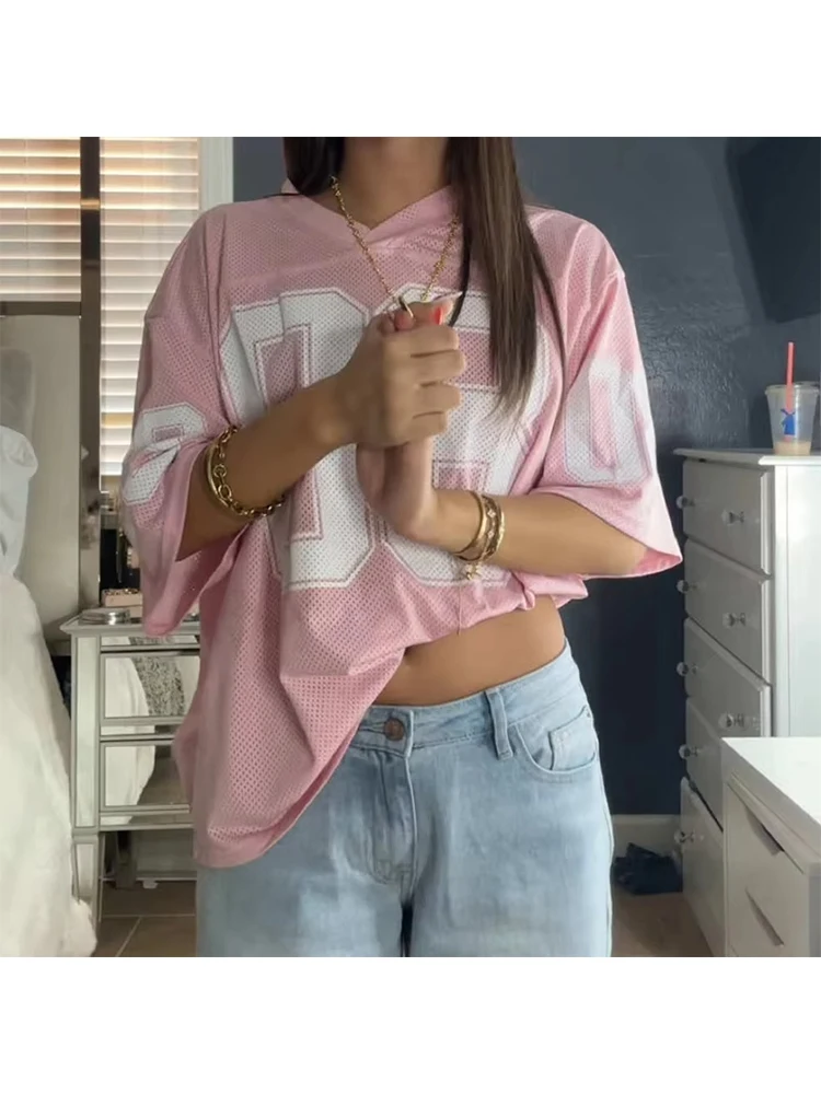 Summer Women'S Football Jersey Tshirt V-Neck Mesh Fashionable Streetwear 3d Printing Sexy Versatile Outfit Y2k Trendy Casual Top