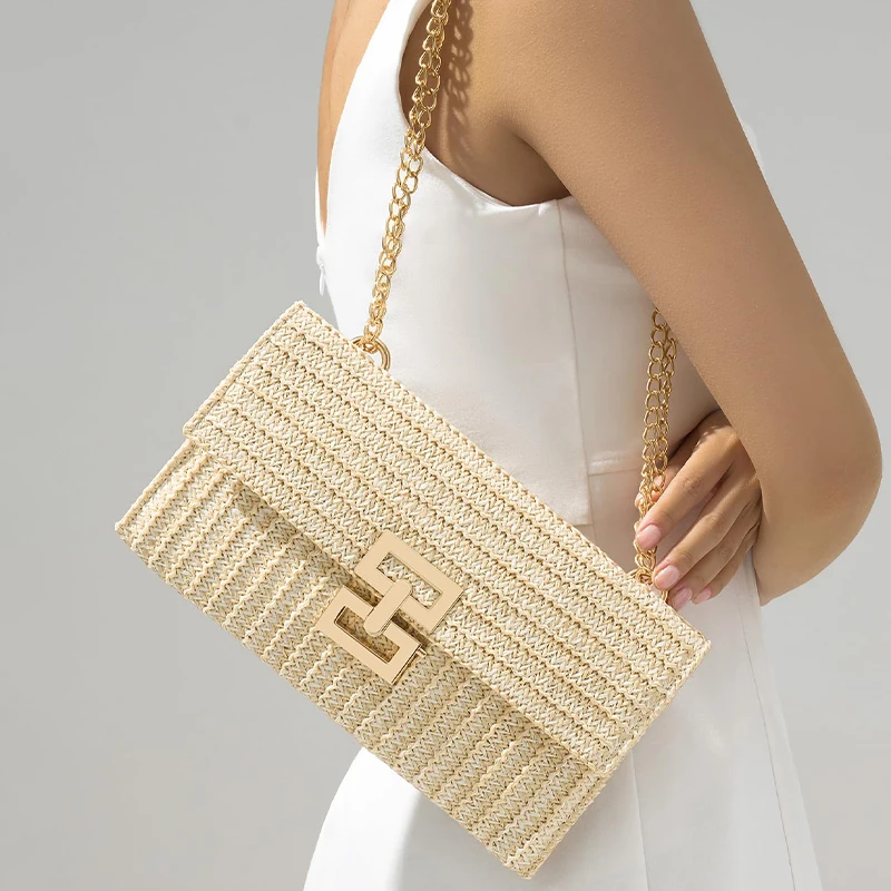 Straw Envelope Handbags for Women 2024 Summer Beach Raffia Wicker Purses Luxury Designer Woven Purse Lady Shoulder Messenger Bag